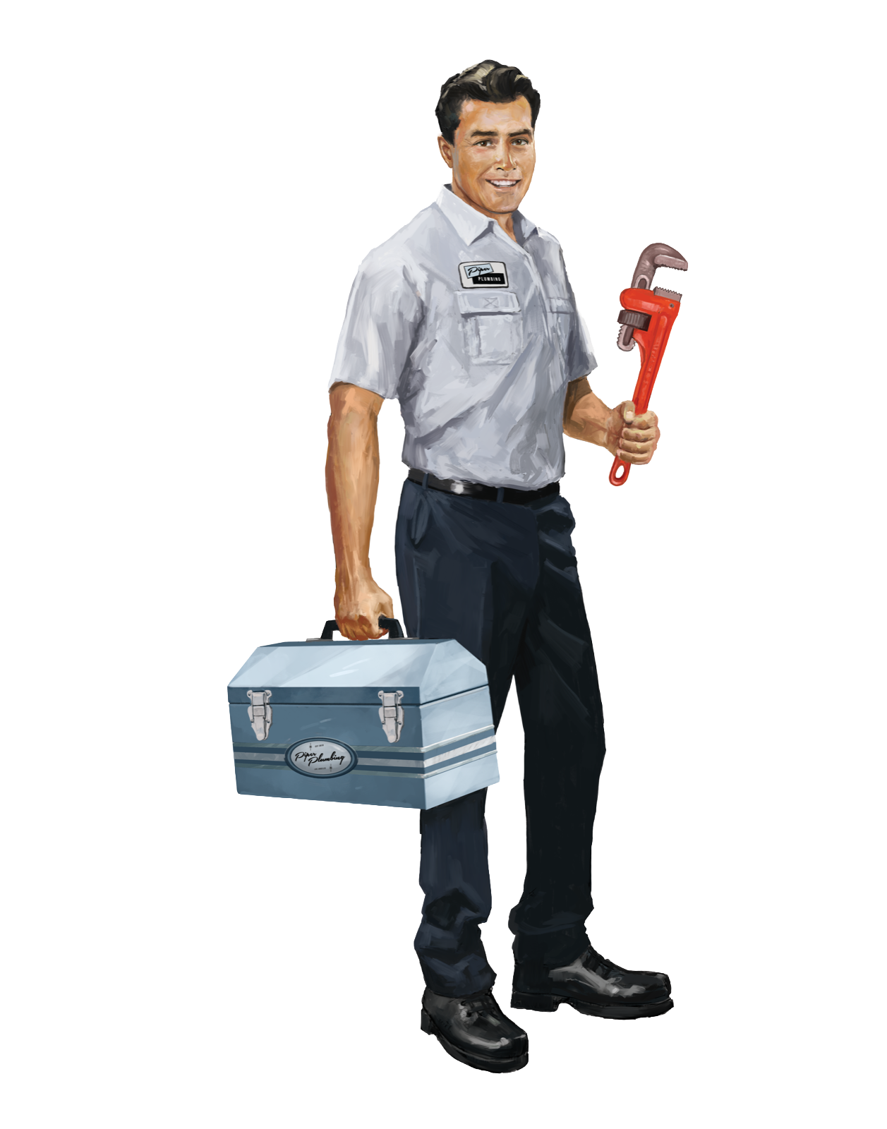 Illustration of a Piper Plumbing technician holding a pipe wrench and toolbox